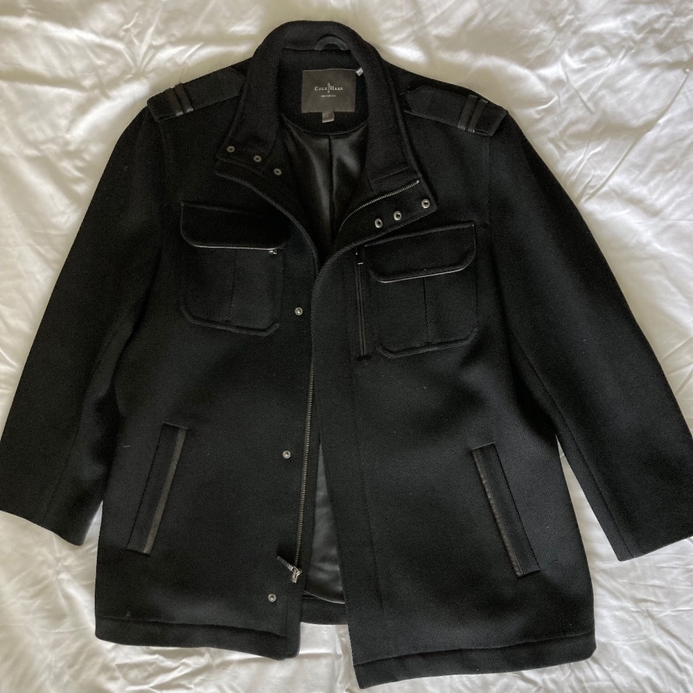 Mens Black Wool Coat with Leather Trim